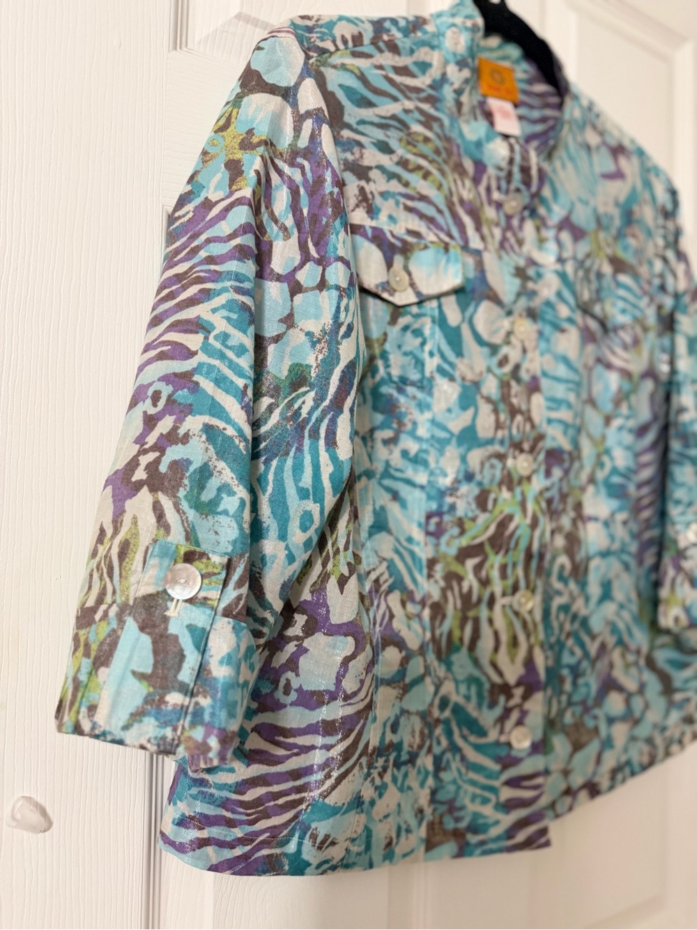 Ruby Rd. Turquoise Purple Multi-Print Button Front Shirt Jacket - Picture 2 of 9